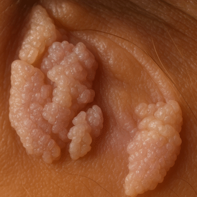 A close-up, high-resolution photograph of genital warts (condylomata acuminata) on human skin. The warts appear as raised, flesh-colored or slightly pinkish growths with a rough, cauliflower-like texture. The surrounding skin is light brown and exhibits natural lines and fine hairs, indicating a sensitive or mucosal area.