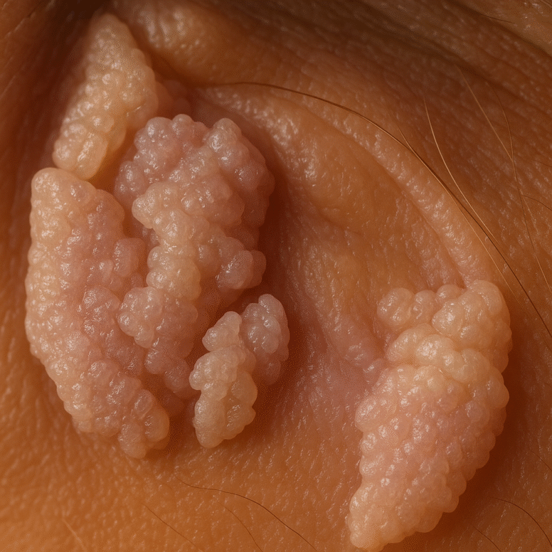 A close-up, high-resolution photograph of genital warts (condylomata acuminata) on human skin. The warts appear as raised, flesh-colored or slightly pinkish growths with a rough, cauliflower-like texture. The surrounding skin is light brown and exhibits natural lines and fine hairs, indicating a sensitive or mucosal area.