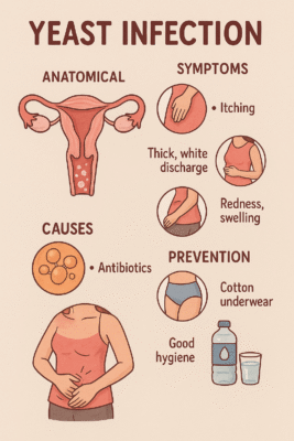 medical-educational infographic about yeast infections, designed with a clean, soft pink and beige color palette