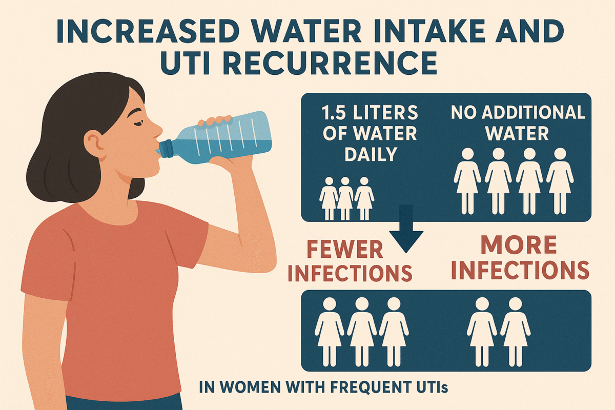 An infographic showing that women who drink 1.5 liters of water daily have fewer UTIs than those who don’t.