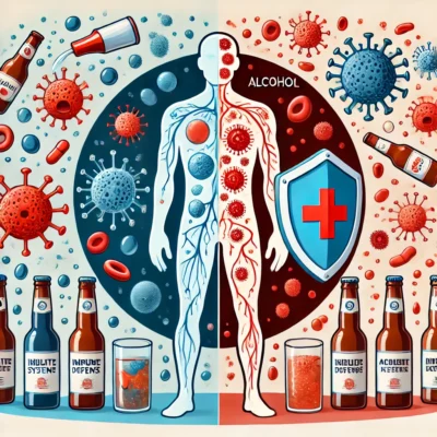 A conceptual illustration showing-the-human-immune system-being weakened-by alcohol. On one side show a strong immune defense with white blood cells
