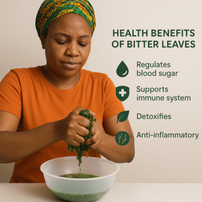 Infographics image, listing the health benefits of bitter leaf, showing a woman squeezing fresh bitter leaves.