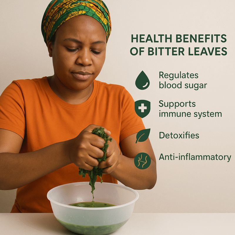 Infographics image, listing the health benefits of bitter leaf, showing a woman squeezing fresh bitter leaves.