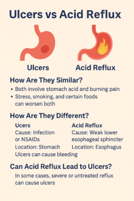 Infographic comparing ulcers and acid reflux, highlighting differences in cause and affected body parts with labeled medical illustrations.