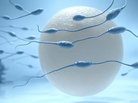Low sperm count-image of abnormal sperm struggling to reach and fertilize an egg