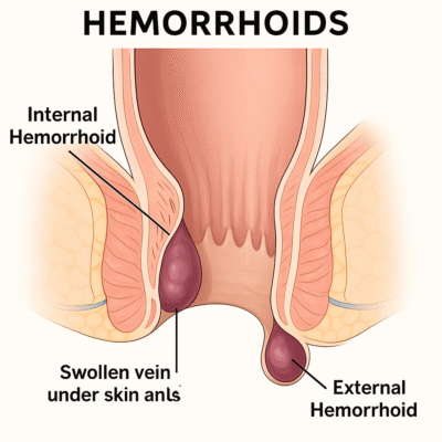 A medical illustration showing a cross-section of the lower rectum and anus with both internal and external hemorrhoids. The image highlights swollen veins in purple and red, identifying an internal hemorrhoid inside the rectum and an external hemorrhoid under the skin near the anus.