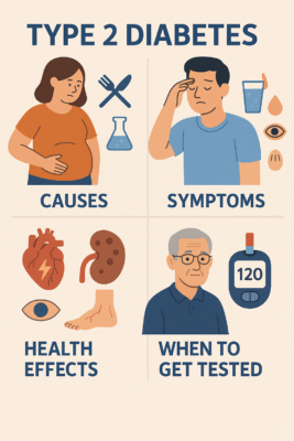 A flat-style, 2D educational infographic about Type 2 Diabetes.