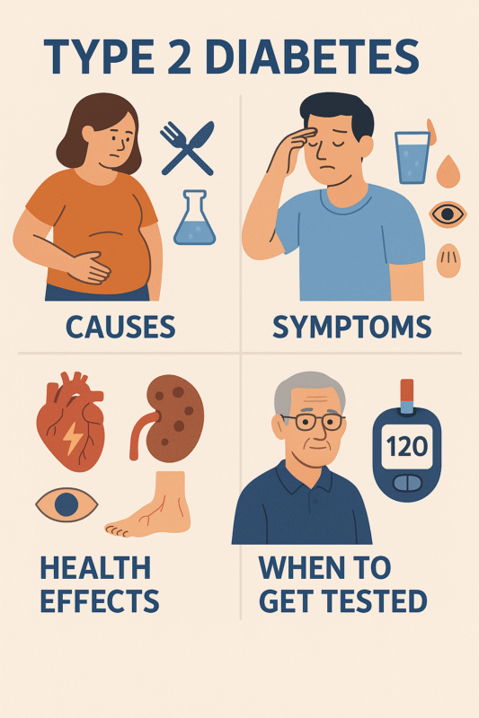 A flat-style, 2D educational infographic about Type 2 Diabetes.