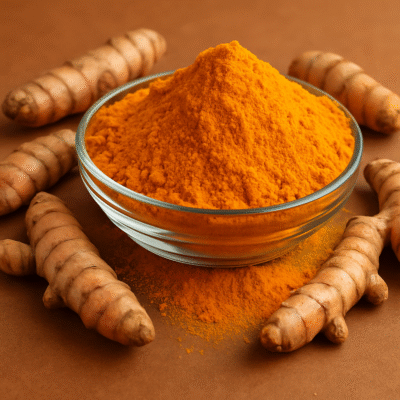 A transparent glass plate filled with bright orange turmeric powder, slightly overflowing onto a rustic wooden surface. Whole turmeric roots are scattered around the plate. The lighting highlights the vibrant color and texture of the turmeric, creating a warm, earthy atmosphere